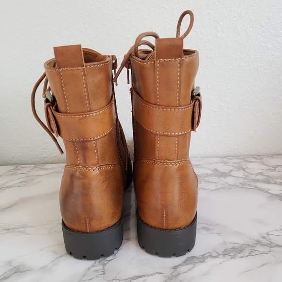 Womens Brown Cognac Combat Boots - Picture 3 of 7